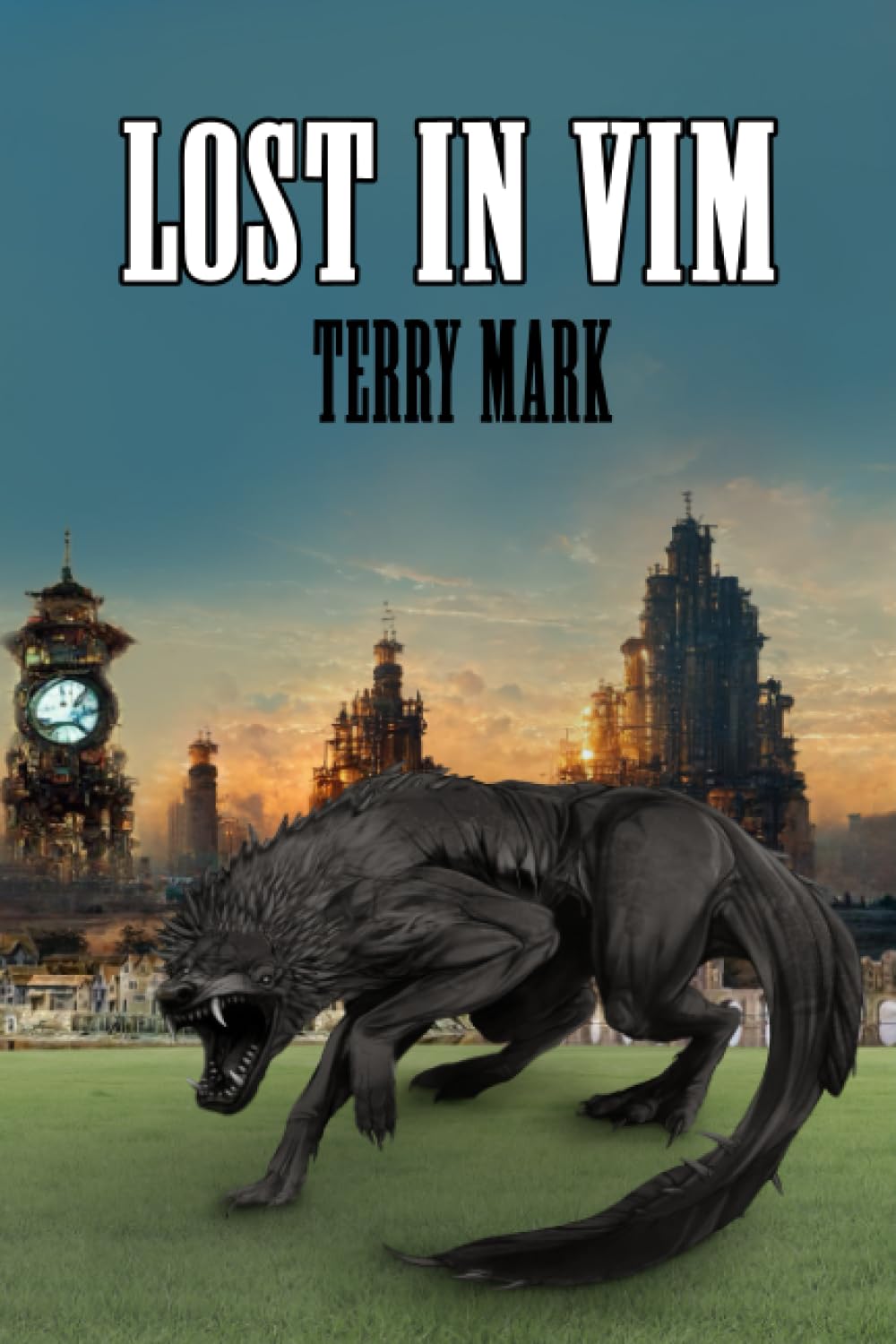 A book cover with the title "LOST IN VIM" by Terry Mark. It shows a snarling wolf in the foreground, with sci-fi buildings in the background.