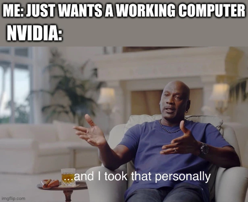 Michael Jordan meme
Me: Just wants a working computer
NVIDIA: (As Jordan)  ...and I took that personally