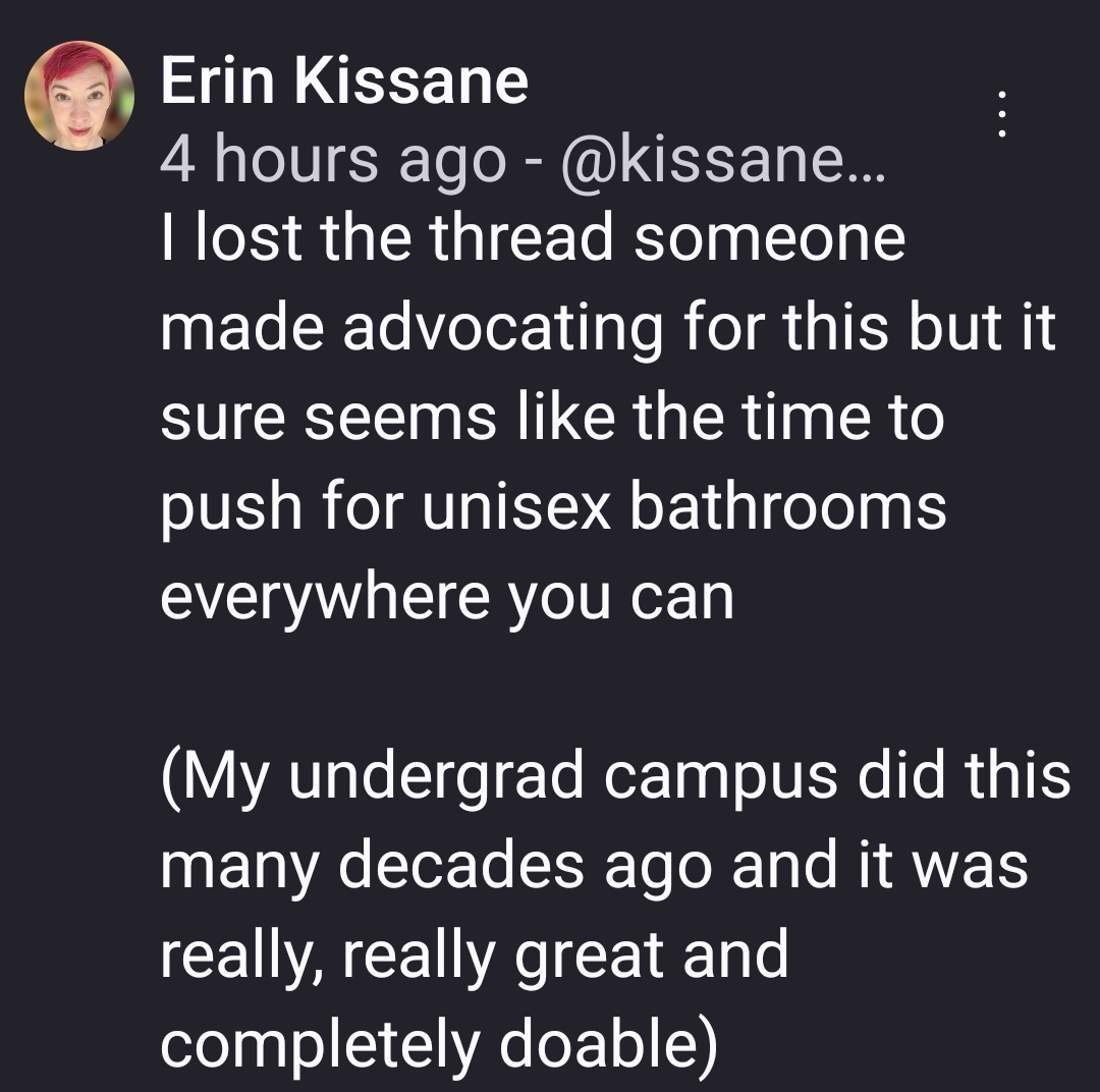 I lost the thread someone made advocating for this but it sure seems like the time to push for unisex bathrooms everywhere you can 

(My undergrad campus did this many decades ago and it was really, really great and completely doable)