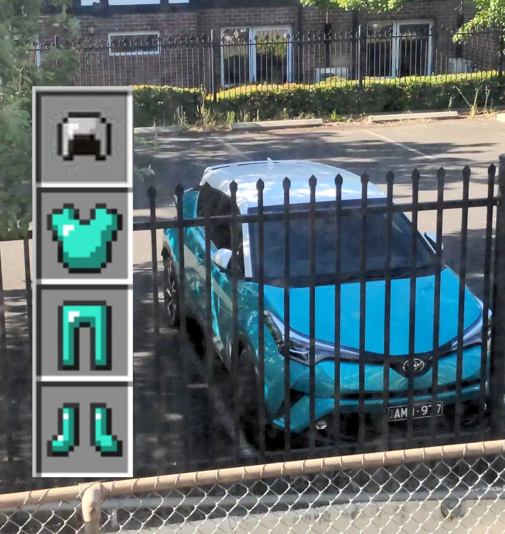 A photo of a parked light blue car with a white roof.  An armor display from a Minecraft inventory is superimposed on the photo. The armor shown is diamond, with an iron helmet.