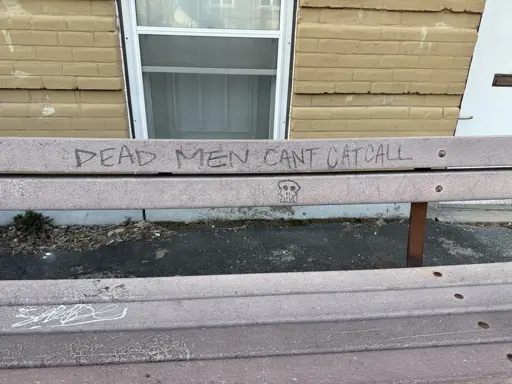 An empty public bench with graffiti on the backrest, "DEAD MEN CANT CAT CALL" and a Punisher style skull underneath.